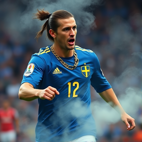 Zlatan Ibrahimovic warrior fight gold chain smoke blood world cup sweeden blue