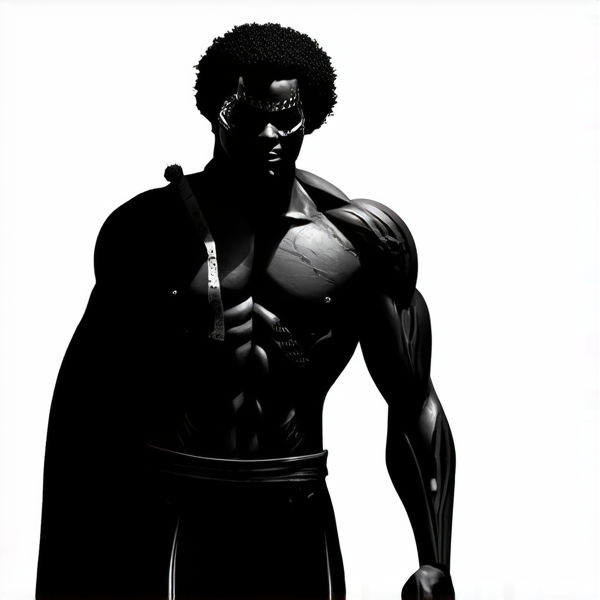 un guerrier noir adolescent avec beaucoup de cheveux  avec une musculature sculpté mais un peu mince avec une allure de super héro africain et un regard sérieux et profond debout avec une cape et un masque africain et une lance au dos avec des cicatrices stylé