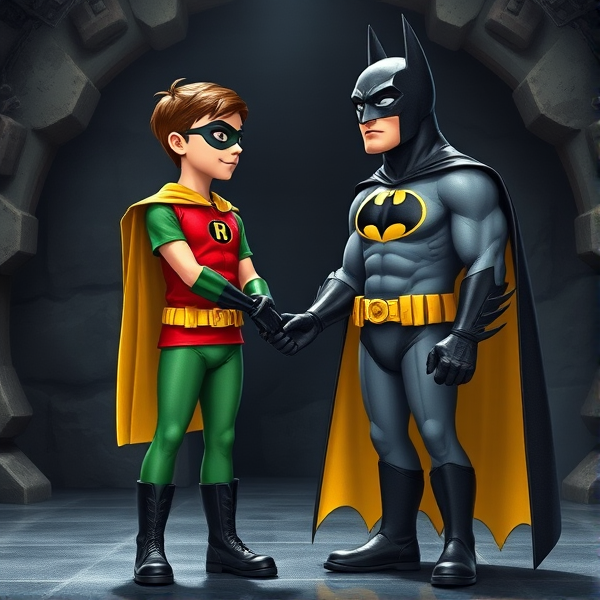 Movie Scene: A medium, preteen 12-year old boy with light skin and dark brown hair named Connor Bardley, but dressed as Robin, The Boy Wonder, with an extremely muscular body, a sleek green suit with a red torso with a black circle with a yellow R symbol on his left pectoral, a gold utility belt, black boots, black long-cuffed gloves, a big, heel-length, ultra-wide collared cape that's black on the outside and yellow on the inside, and a black eye mask, standing in the Bat Cave, where he meets Batman for the first time, where they shake hands to officially mark their team-up and bond their friendship as the legendary Caped Crusaders.
