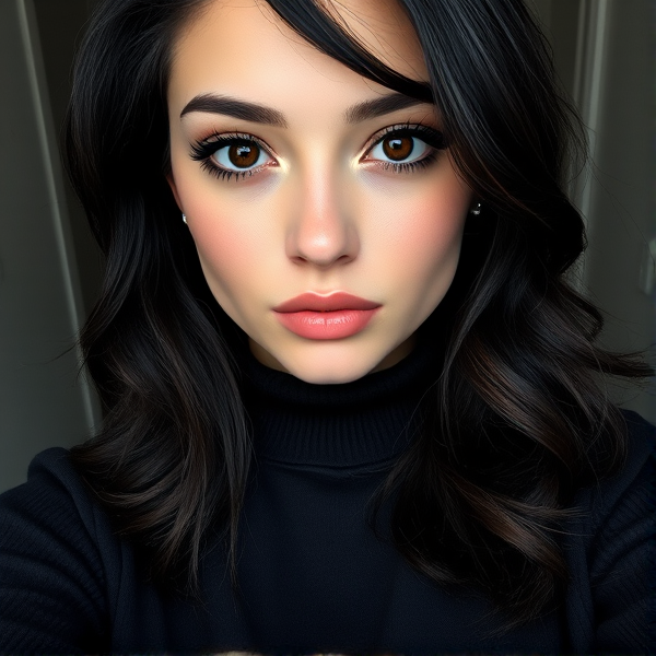 Realistic selfie of a white girl with back length black hair showcasing subtle streaks of dark red, distinct sharp jawline, adorned with multiple ear piercings including delicate silver studs and thin silver hoops, face exhibiting a slightly textured complexion with natural skin imperfections, eyes accented with smoky eye makeup featuring blended shades of charcoal and soft black eyeshadows, well-defined eyeliner and voluminous mascara, wearing a sophisticated subtle black turtleneck sweater that accentuates her neckline, deep brown eyes providing a warm contrast to the cool tones of her attire, hair slightly wavy brush back away from face