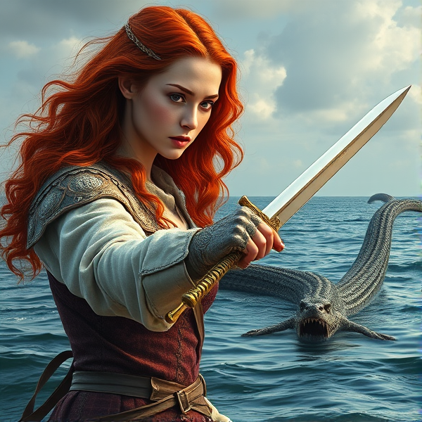 Red haired Caucasian Arthurian princess points her sword towards a sea serpent in the sea