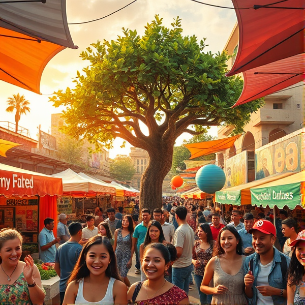 A vibrant outdoor community market bustling with activity, encapsulating the spirit of social entrepreneurship. Joyful faces of diverse vendors proudly showcasing eco-friendly products and innovative sustainable technologies under colorful canopies. In the center, a large, radiant tree made from recycled materials symbolizing growth and community unity. Background alive with interactive workshops where participants joyfully exchange knowledge on social impact strategies. Artistic murals depicting collaborative success stories adorn nearby walls. Style resembling a hyper-realistic painting with rich textures and crisp details to highlight the positive atmosphere. Warm, golden-hour lighting bathes the scene in an inviting glow, casting soft shadows that add depth. The camera angle is a wide, aerial view that captures the entirety of the lively market scene, highlighting both individual expressions of joy and the cohesive energy of communal effort