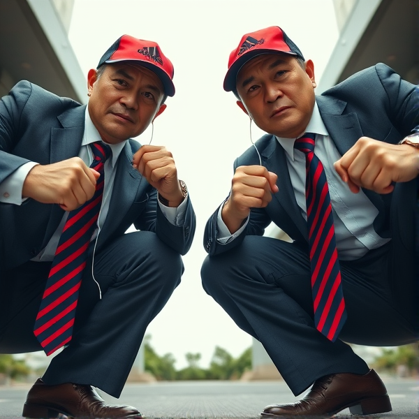 Deux  différents hommes d'affaires japonais puissants mature  accroupis et faché  portant des casquettes Adidas  et des cravates rayées longues  bleue rouge et oreillettes Apple 
Ils sont complices et conquérants , ils dominent 
 , accroupis pas trop et regard fort

Ils sont hypnotisant du regard , amis, complice , envoûtant , charismatique 
Ils se tiennent par les épaules , il fixent l objectif de la caméra

Vue contreplongée