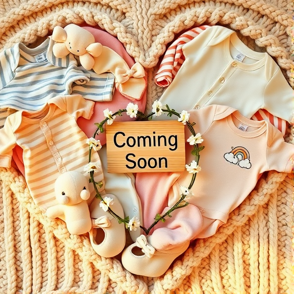 A close-up of an assortment of baby clothing including onesies, bibs, and booties neatly arranged in a heart shape on a soft woolen blanket. The colors are soft pastels, with playful patterns such as stripes and polka dots. Each item is adorned with gender-neutral designs like animals, rainbows, and clouds. In the center of the heart shape, a small wooden sign, surrounded by a garland of white flowers reads "Coming Soon”, in black writing. The background is warm and softly lit to enhance the cozy and welcoming atmosphere of the announcement