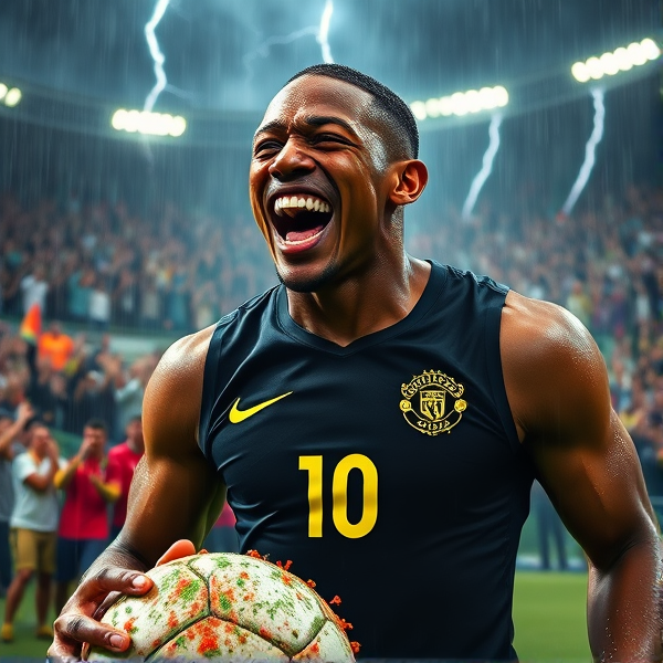 Portrait hyperréaliste de Memphis Depay, footballeur d'élite, capturant le pic émotionnel de sa victoire. Son visage exprime une joie intense et une détermination farouche, ses yeux brillants de passion. Le front strié de veines témoigne de l'effort physique intense, sa bouche ouverte dans un cri de triomphe qui résonne à travers le stade bondé. Sa peau luit sous les projecteurs qui mettent en valeur une musculature détaillée et un visage angulaire sculpté par des années d'entrainement rigoureux. Le maillot ajusté, trempé de sueur, met en évidence son corps athlétique et le numéro 10 emblématique ressort vivement sur le tissu saturé. L'arrière-plan est animé par un ciel tumultueux avec des éclairs spectaculaires contrastant avec la foule en liesse, dont les cris d'euphorie amplifient la scène épique. Des fans aux visages peints avec ferveur dans des couleurs vives exultent ouvertement leur bonheur. Au premier plan, un ballon couvert d'éclaboussures repose sur un terrain détrempé parsemé d'herbe foulée - relique du jeu acharné sous une pluie torrentielle - tandis que des joueurs sont immergés dans l'intensité du match. Le héros sportif porte un gilet noir élégant rehaussé de touches jaune fluo qui se détachent contre le chaos dynamique de l'environnement alentour, créant une composition dramatique et mémorable