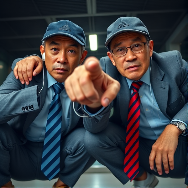 Deux  différents hommes d'affaires japonais puissants mature  accroupis et faché  portant des casquettes Adidas  et des cravates rayées longues  bleue rouge et oreillettes Apple 
Ils sont complices et conquérants , ils dominent 
 , accroupis pas trop et regard fort

Ils sont hypnotisant du regard , amis, complice , envoûtant , charismatique 
Ils se tiennent par les épaules , il fixent l objectif de la caméra,  faché pointing 

Vue contreplongée
Vue contreplongée 
Vue contre plongée