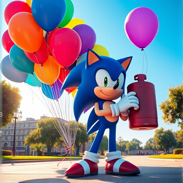 Sonic the Hedgehog in a dynamic standing pose, clutching a large helium tank, with 450 vibrant, multicolored balloons of 16 inches floating around him, set against the backdrop of a sunlit park with lush greenery and clear blue skies