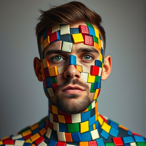 a man whos whole face and body is made out of rubix cube