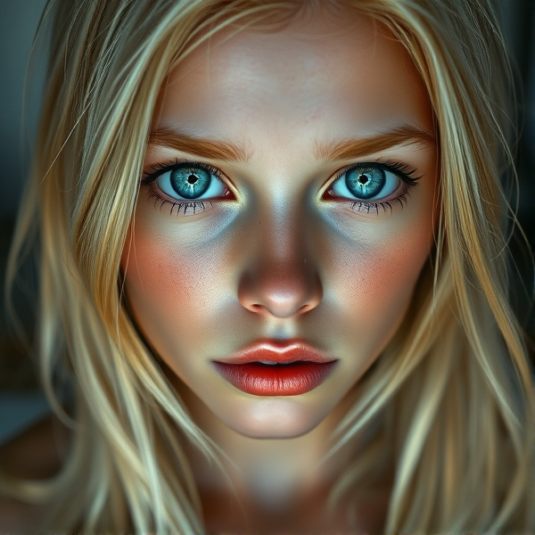 Realistic blonde teen, big blue eyes, a few light freckles, full front body view