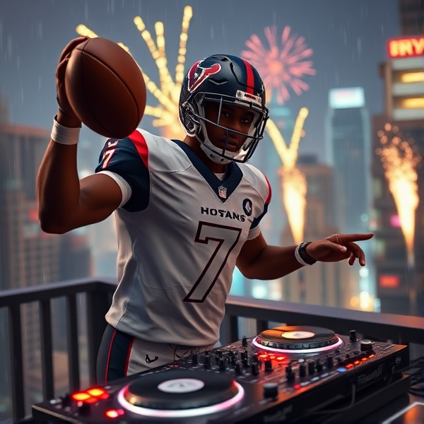 Animated black quarterback wearing number 7 jersey for Houston texans throwing a football and DJing with turntables. Pyrotechnics in background