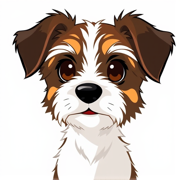 a cartoon of a girl brown and white tibetan terrier with black ears