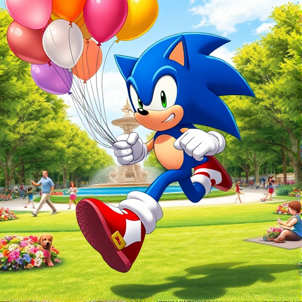 Sonic the Hedgehog captured mid-stride in a dynamic running pose, with his iconic blue quills trailing behind him. He's helium gas cylinder tank standing gripping and vivid collection of assorted balloons—450 in total, each measuring 16 inches. The balloons are in various shades and have a shimmering sheen to them, reflecting the sunlight. Sonic is sporting his red shoes with white stripes and gold buckle, which blur slightly from his incredible speed. The bustling park around him is alive with activity; there are children playing on swings, couples walking dogs of various breeds, street performers juggling and people picnicking on checkered blankets. Lush green trees dot the landscape, their leaves rustling gently in the breeze, and vibrant flower beds add pops of color throughout the scene. In the background stands an elaborate fountain cascading water into a clear blue basin. All elements are illustrated in a richly saturated anime art style that emphasizes bold lines and dramatic lighting to enhance the dynamic nature of Sonic's movement