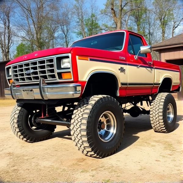 red 1985 f-150 on a 6 inch lift with chrome bullet hole wheels and 35 inch mud tires from the side