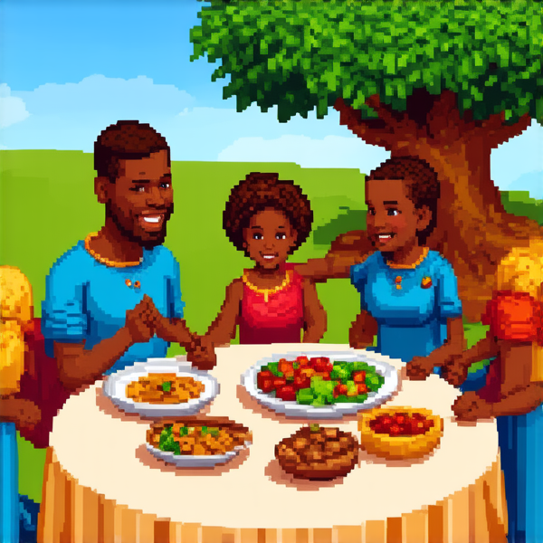 prompt: Un grand repas de famille traditionnel en plein air sous un baobab en Afrique, avec des plats locaux colorés et variés, des fruits exotiques, une grande nappe colorée, des hommes et femmes africains vêtus de tenues traditionnelles multicolores souriants et partageant un moment convivial