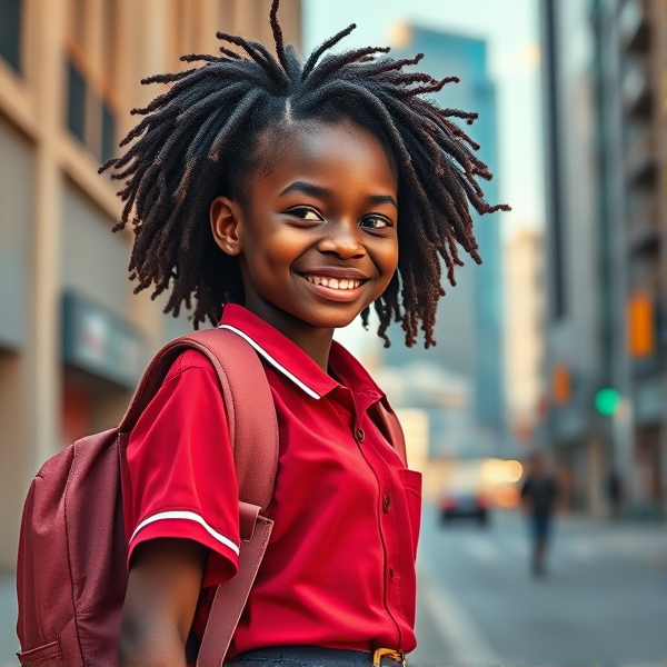 Jeune écolière africaine de huit ans, coiffée de tresses africaines serrées, souriante, portant un uniforme d'école coloré et tenant un cartable robuste sur le chemin de l'école sous un ciel clair matinal