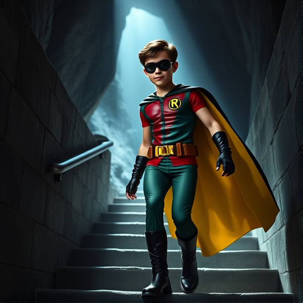 Movie Scene: A medium, preteen 12-year old boy with light skin and dark brown hair named Connor Bardley, but dressed as Robin, The Boy Wonder, with an extremely muscular body, a sleek green suit with a red torso with a black circle with a yellow R symbol on his left pectoral, a gold utility belt, black boots, black long-cuffed gloves, a big, heel-length, ultra-wide collared cape that's black on the outside and yellow on the inside, and a black eye mask, walking down the stone stairs to enter the Bat Cave, where he meets Batman for the first time and hopes to team up with him.