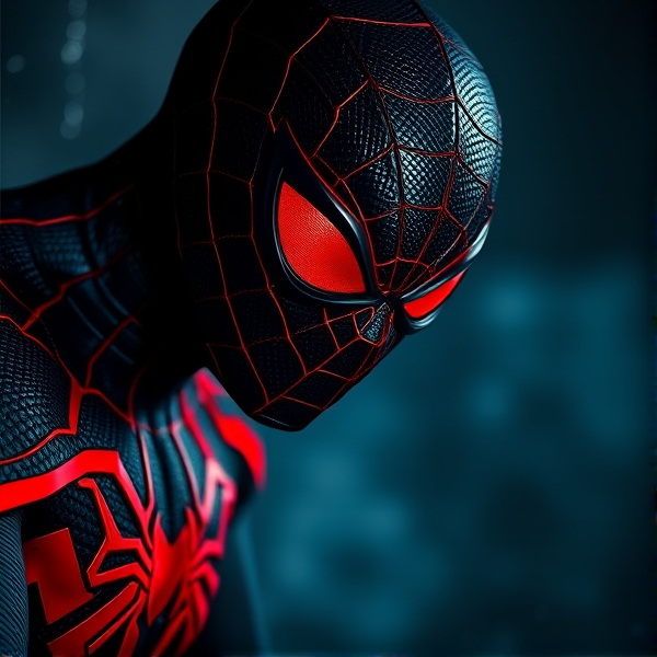 Un Spiderman noir et rouge avec une texture organique rappelant la peau d'un reptile, yeux rouge sang incandescents qui brillent dans l'obscurité
