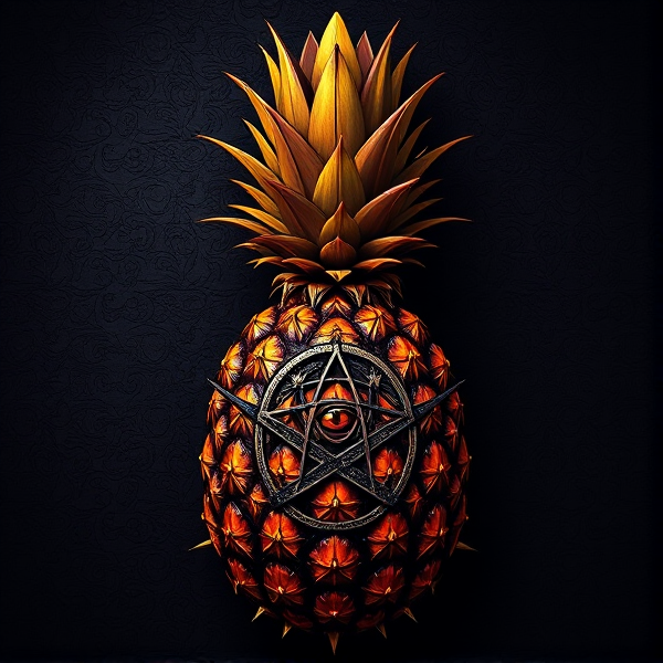 Conception élaborée d'un logo luxueux avec un ananas au design gothique, agrémenté de motifs victoriens complexes et d'éléments ésotériques tels que le pentacle et l'œil d'Horus. Palette de couleurs raffinée sur l'ananas évoluant subtilement de l'orange au jaune puis au rose, avec une texture qui évoque le cuir noir haut de gamme. L'ananas est orné d'épines finement travaillées et ses yeux sont incrustés d'une lueur rouge sombre, créant une atmosphère mystérieuse et légèrement intimidante. Ce design fusionne la sophistication victorienne pour séduire un public exigeant, accentuée par des touches de couleurs exotiques vives et nuancées.
