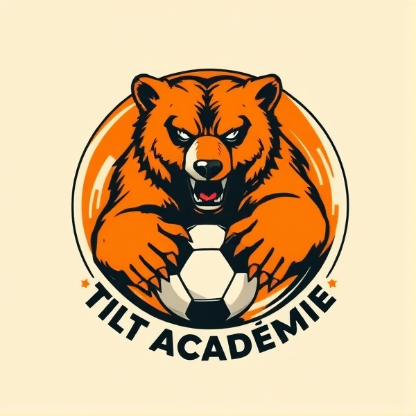 Conception d'un logo rond et percutant pour 'Tilt Académie', école de football. Au coeur du design, un ourson grizzly dessiné avec une précision extrême et un sens artistique raffiné, incarnant la puissance et la ténacité. Il est entouré par des éléments graphiques abstraits qui évoquent dynamisme et passion pour le football : des lignes fluides et rapides ainsi que des formes géométriques vibrantes et énergiques. La palette de couleurs est dominée par un orange vif et un noir intense, offrant un contraste frappant. Le design doit se démarquer en capturant l'essence du jeu compétitif avec l'ourson prêt à se lancer dans l'action. Il est focus mais pas méchante.Le nom 'Tilt Académie' s'intègre harmonieusement autour de l'élément central dans une police moderne et saisissante. Un ballon de football est intelligemment incorporé au logo afin d'en souligner l'appartenance au monde du football. L'esthétique générale doit allier tradition sportive à une touche innovante, rendant le logo idéal comme emblème d'un club sportif.Plus orange que de noire, logo de soccer