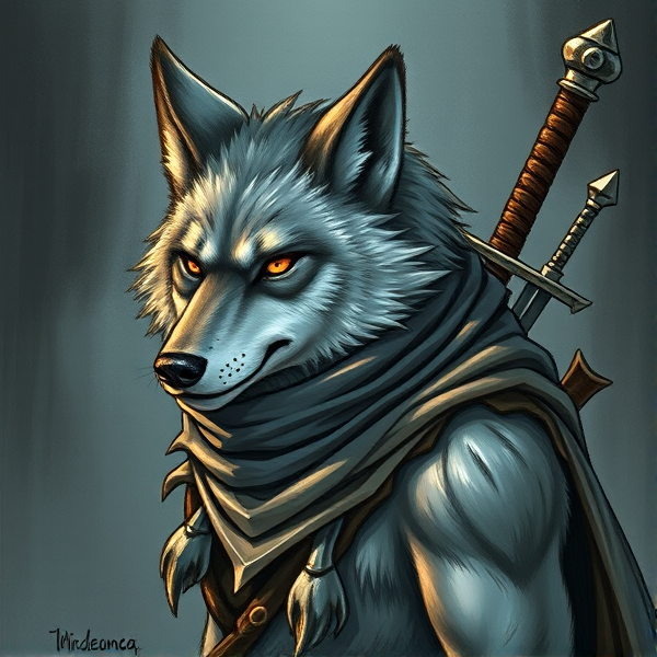 Loup roublard avec un foulard autours du cou et avec deux épées dans le dos