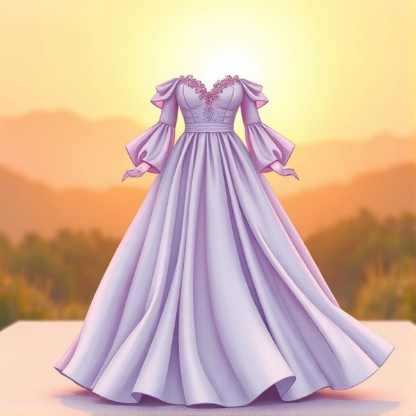 a floor length gown that was a light shade of lilac. The gown itself is flowy and made of light fabric, with a sweetheart neckline and a fitted bodice that hugged the waist with embroidered details on it and long flowy sleeves that are off the shoulders. The skirt had multiple light fabric layered and slightly flared out slightly at the hips, creating a gentle A-line shape.