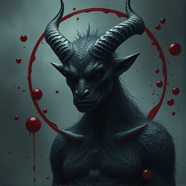 A black humanoid creature with blood circling around it, the creature is so black you cant see its face and it has no horns it is quite peaceful