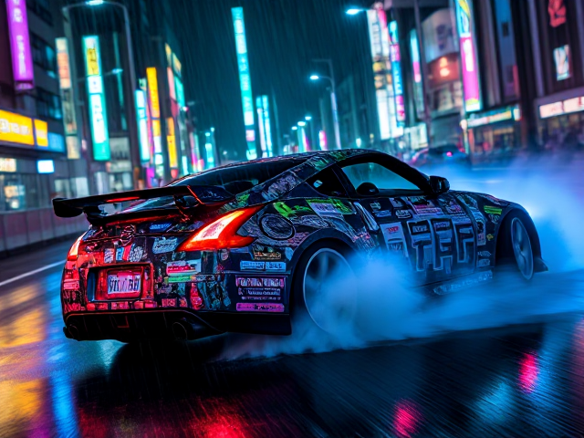 A vividly detailed tuned Nissan 350Z with many stickers on all the car executing a high-speed drift with dynamic plumes of smoke enveloping its rear, set against the backdrop of Tokyo's neon-lit cyberpunk streetscape, accentuating elements of futuristic noir and advanced technology in the urban setting. There are neon green pink and flashy colours everywhere there is police chasing them. We see the blue and red light