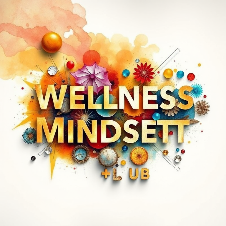 abstract, stylized typography with the phrase "Wellness Mindset Hub" artistically integrated into a visual theme of manifesting desires and dreams into reality, with elements that symbolize thought and visualization power, executed in high dynamic range (HDR) for a vivid and impactful image