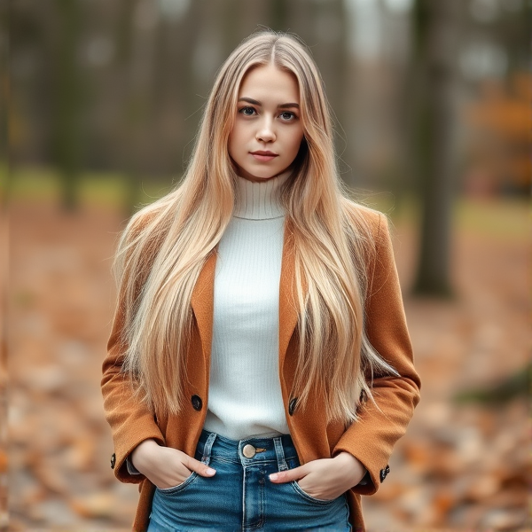 Blonde long hair girl in her 20s with white turtleneck, brown jacket and blue jeans