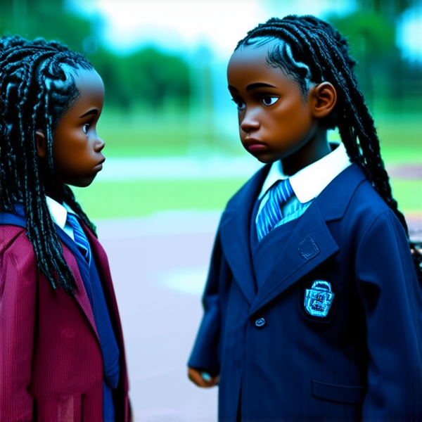 deux jeunes filles de huit ans portant des tresses africaines noires et des uniformes scolaires se tenant face à face dans une cour d'école, les yeux humides de larmes et l'air bouleversé alors qu'elles sont en pleine dispute