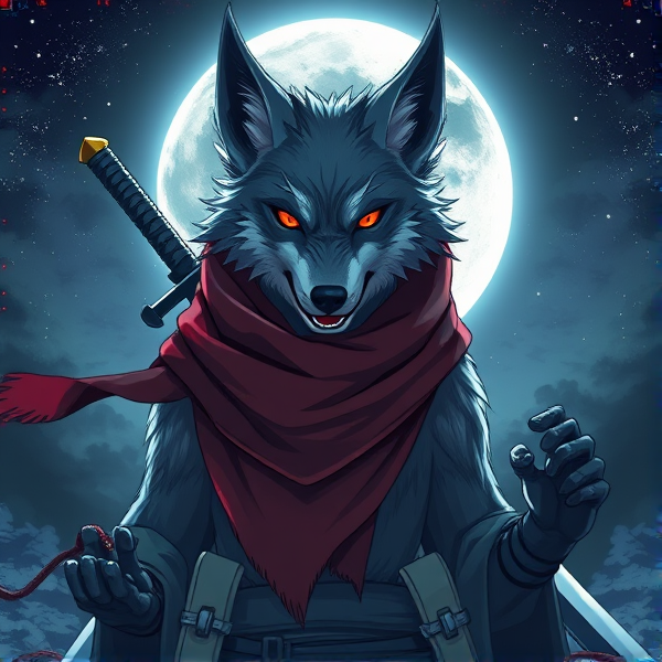 Loup roublard maitre de l'éclipse lunaire avec un écharpe rouge autours du cou et avec deux épées dans le dos