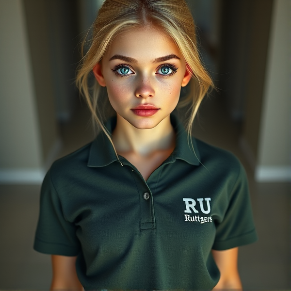 A photorealistic image of a youthful, blonde 19 year old girl with large, vivid blue eyes and delicate light freckles scattered across her cheeks. She stands in a full front body pose, clad in a dark green-gray polo shirt featuring subtle white lettering that reads "Ruttgers" near the left side of her chest. Her attire is completed with a sleek black mini skirt. The overall tone should convey the natural beauty of youth without excessive color saturation or makeup.