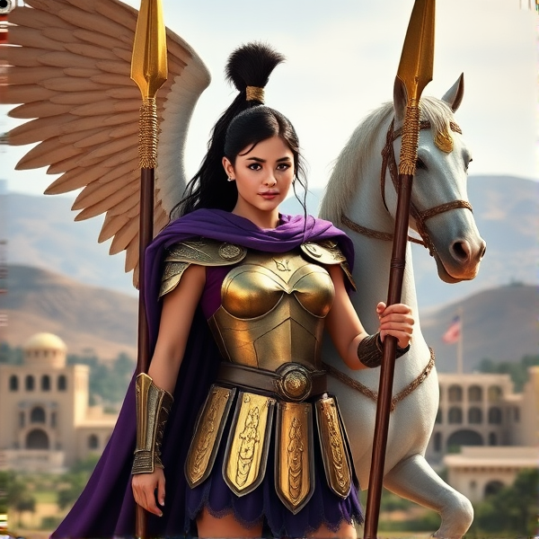 Reyna Avila Ramirez-Arellano, the valiant and revered praetor from "Percy Jackson & The Olympians," clad in authentic Roman battle armor, her stature exuding authority. A majestic purple cape cascades behind her as she surveys Camp Jupiter with a poised and commanding presence. In her grip is a gleaming golden spear that reflects her status, while Scipio, her faithful pegasus, stands vigilantly at her side. They are framed by the camp's imposing structures and California's undulating hills in the distance. Reyna's dark hair is styled into an efficient ponytail, highlighting her face which bears an unwavering expression of leadership and resolve.