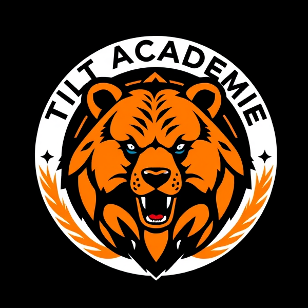 Prompt: Logo de club de football avec un bébé grizzly au centre, des motifs dynamiques et modernes, dominante de couleur orange avec des accents noirs, style emblématique et reconnaissable.le.nom Tilt académie en évidence dans le logo à l'entoure.Un  logo parfait où tout se fusionne parfaitement