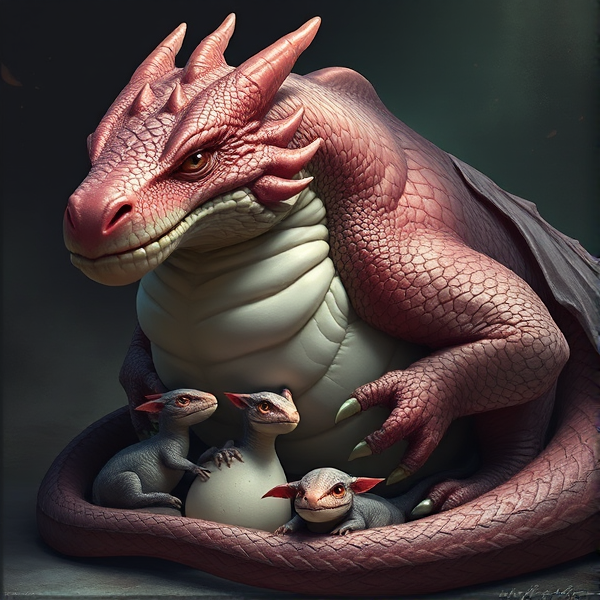 A lazy, fat, blobby mother dragon with two baby dragon eggs