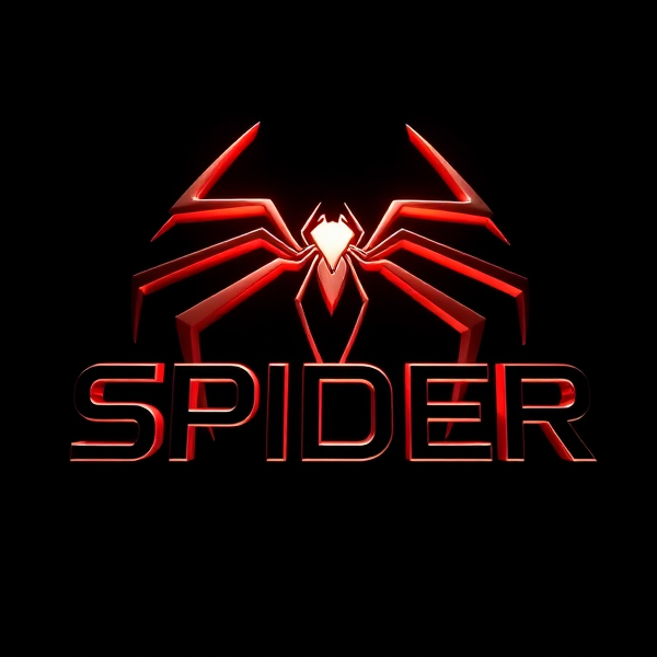 Design a 3D logo with the inscription "SPIDER" that reflects a futuristic and sophisticated style. The logo should be crafted with bold, sans-serif typography that gives the illusion of rising out of a deep black background. Integrate intense light beams reminiscent of the Capcut app icon's brightness to cast dramatic shadows and create stark highlights on the face of the logo. Blend seamlessly advanced curves, acute angles, and flowing lines to convey notions of velocity and elegance. Apply a metallic sheen to the logo for a mirrored effect, amplifying the reflection of light and imparting a sensation of swift motion. Draw inspiration from Pixar's intricate visuals and distinctive geometric shapes, utilizing a lively color scheme and shiny textures to enhance three-dimensionality. Leverage rendering techniques comparable to Unreal Engine for lifelike reflections, Octane Renderer's ray tracing for captivating glossiness, and V-Ray lighting to establish the mood. Craft an overwhelmingly grandiose and science fiction inspired visual display that is deliberately far from subtle or minimalist, designed to leave a striking impression through its audaciousness