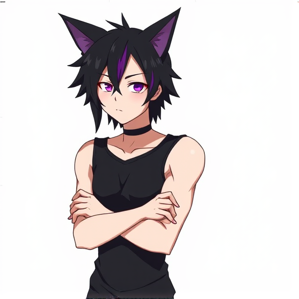 My hero academia oc. Arms crossed. Cat ears black with purple tips. Black hair. With purple streaks.  Full body reference sheet. Sleeveless shirt. 3/4 view