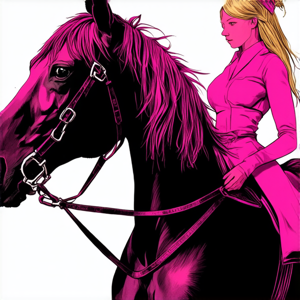 Aquarelle dynamique et détaillée : Femme avec des cheveux rose fuchsia ombrés en blond platine à la racine, tressés soigneusement. Elle monte un cheval au galop. La cavalière est vêtue d'un jean bien ajusté et affiche une posture élégante sur le cheval. L'arrière-plan est flou pour donner l'impression de mouvement rapide, mais la femme et le cheval sont peints avec précision et clarté.
