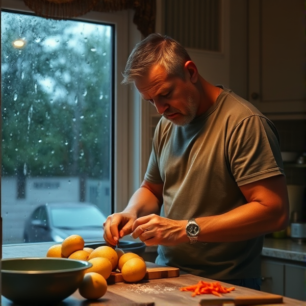 Sad guy peeling potatoes in the kitchen with rain through the glass in the backrounf