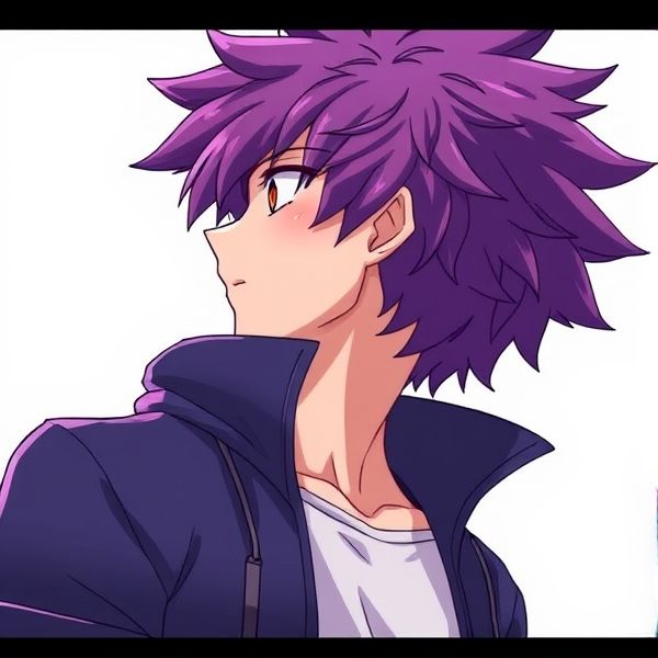 My hero academia oc. Purple fluffy hair. Male. Side view down to waist.