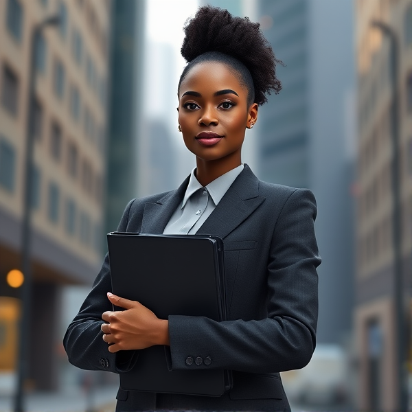 young African woman dressed in a stylish business suit, confidently holding a binder in her hands against an urban backdrop