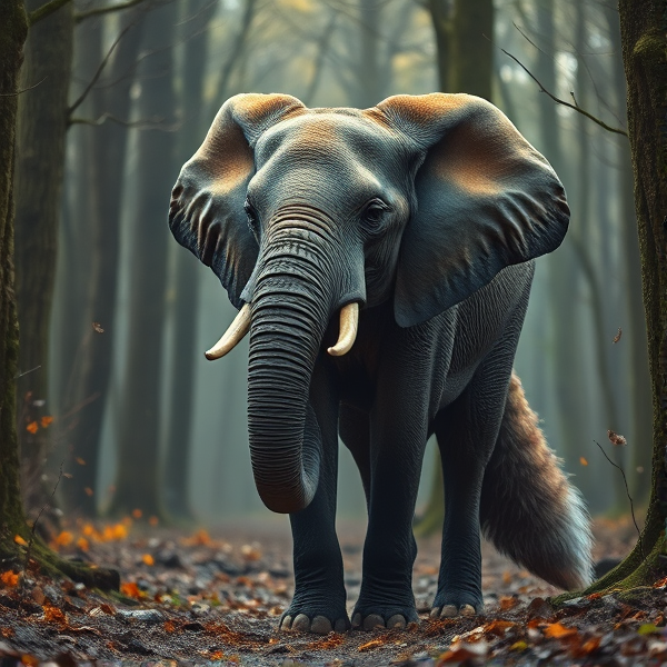 majestic fox with the textured skin of an elephant, standing in a mystical forest