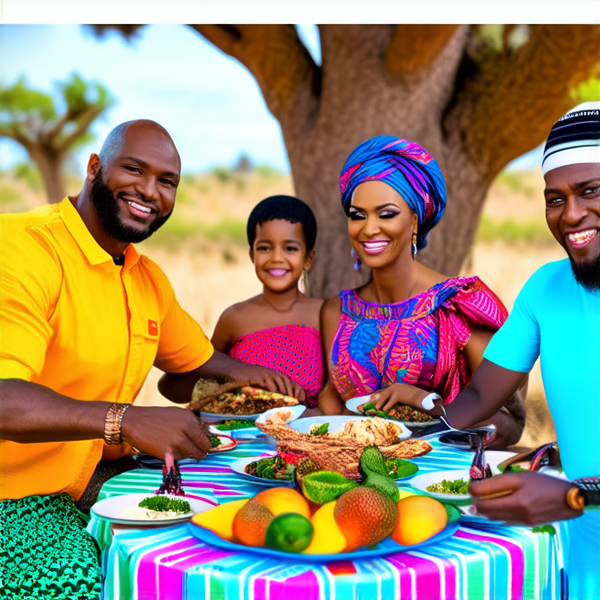 prompt: Un grand repas de famille traditionnel en plein air sous un baobab en Afrique, avec des plats locaux colorés et variés, des fruits exotiques, une grande nappe colorée, des hommes et femmes africains vêtus de tenues traditionnelles multicolores souriants et partageant un moment convivial