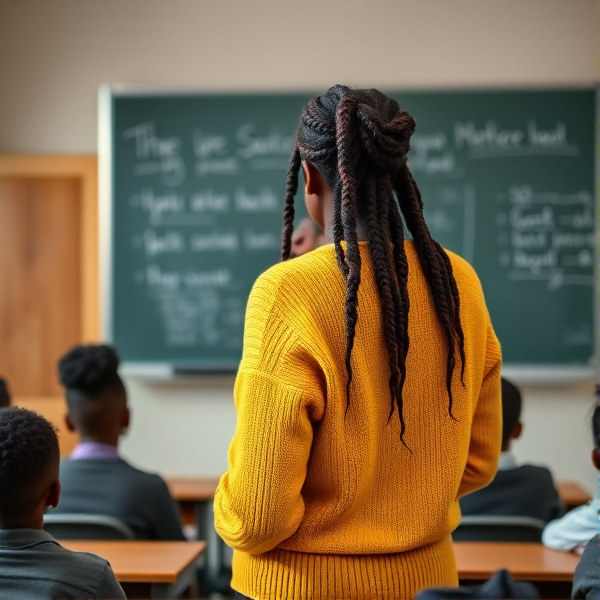 Une enseignante noire âgée de quarante ans coiffée de tresses africaines traditionnelles, portant un pull jaune  se tient le dos tourné en train d'y écrire à la craie blanche au tableau dans une salle de classe avec des élèves noires agés de huit ans.