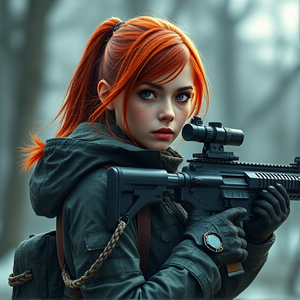 a red head girl, serious expression, using a militar heavy coat,  carrying a technologial sniper rifle on her back, cyberpunk style