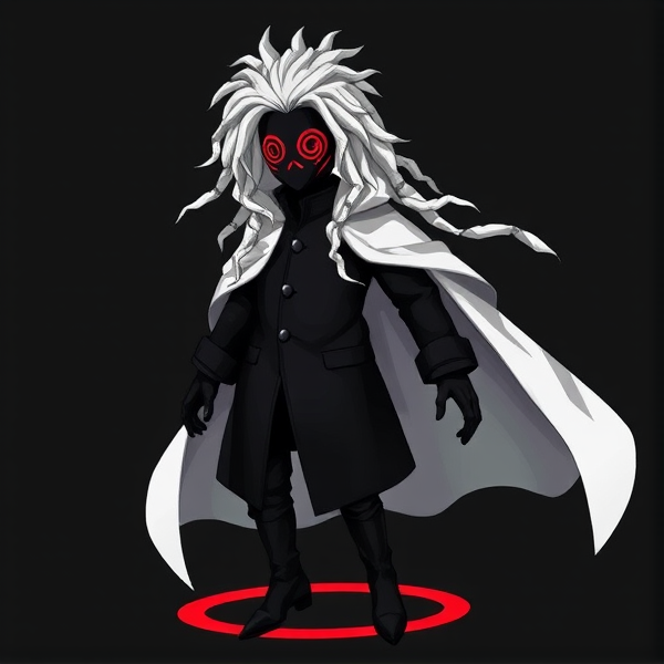 A character. A black mask with red spirals on it. White dreads for hair. A black button up coat with a white cape over the top of it. Black pants and black boots. Halos at his feet for floating.