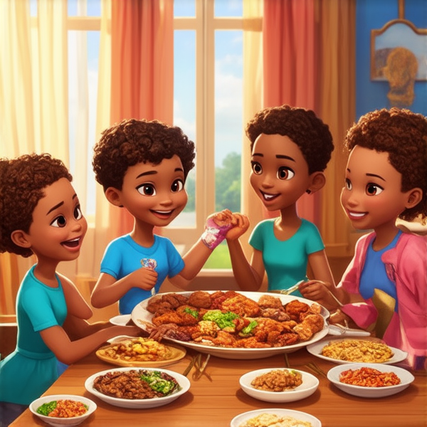 Repas de famille africaine chaleureux et convivial, avec un grand assortiment de plats traditionnels soul food sur une grande table en bois, entourée de membres de la famille riant et partageant des moments ensemble dans une salle à manger bien éclairée et décorée pour l'occasion