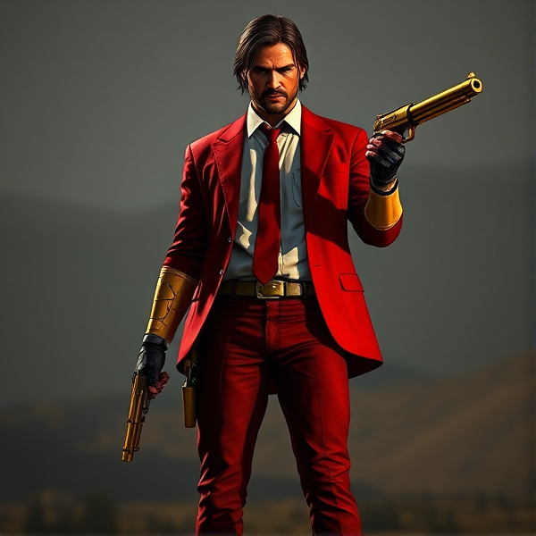 Full body image. John Marston: his skin was now a dark reddish-grey and his cybernetic left arm was now gold. It seems his arms weren’t the only thing that changed, he saw his suit had gotten a complete replacement, by all means it was still his suit (Kevlar and all) but the jacket was red, along with his jeans (although his jeans were a darker shade of red) and shoes, his belt and shirt were brimstone black, his tie was still red, and his twin desert eagles were now gold and had red glow sights