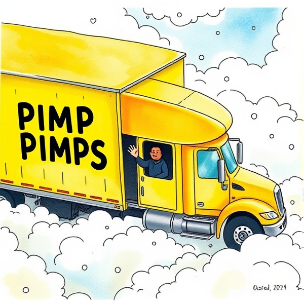 all yellow moving truck that says the word "PIMPSKE" ON THE SIDE of trailer, black driver waving out window, truck is driving into heaven
