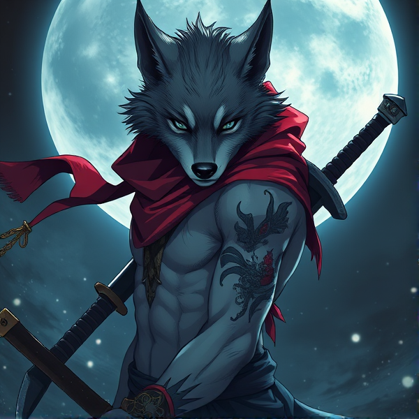 Loup roublard maitre de la lune avec un écharpe rouge autours du cou et avec deux épées dans le dos et un tatoo sur le bras